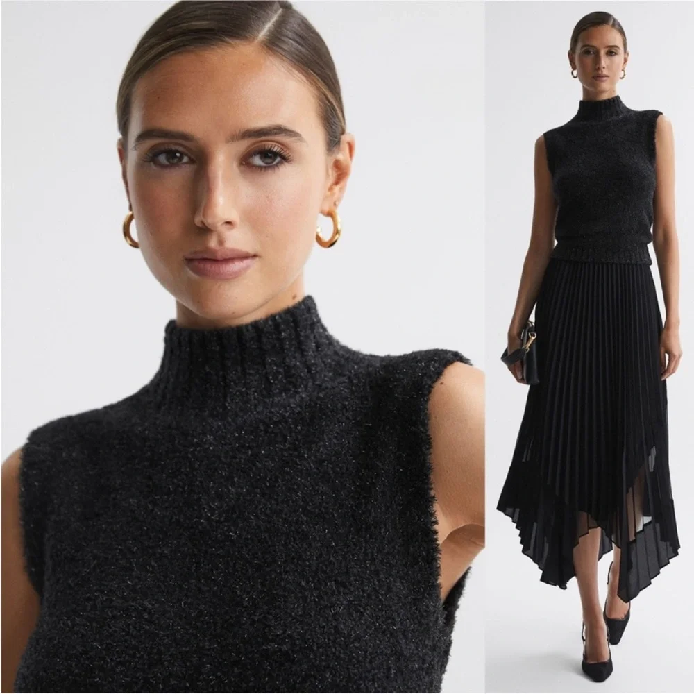 REISS Georgia Tinsel Knitted Sleeveless Vest in Black Sweater Top Size Large